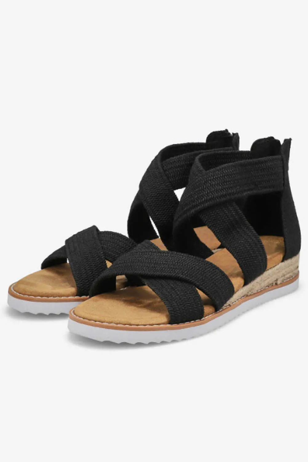Beige Criss Cross Strappy Zipped Low Wedge Sandals
