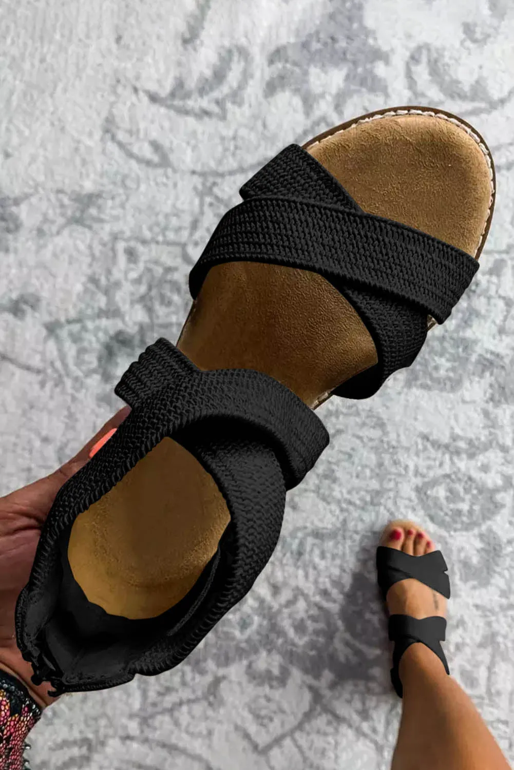 Beige Criss Cross Strappy Zipped Low Wedge Sandals
