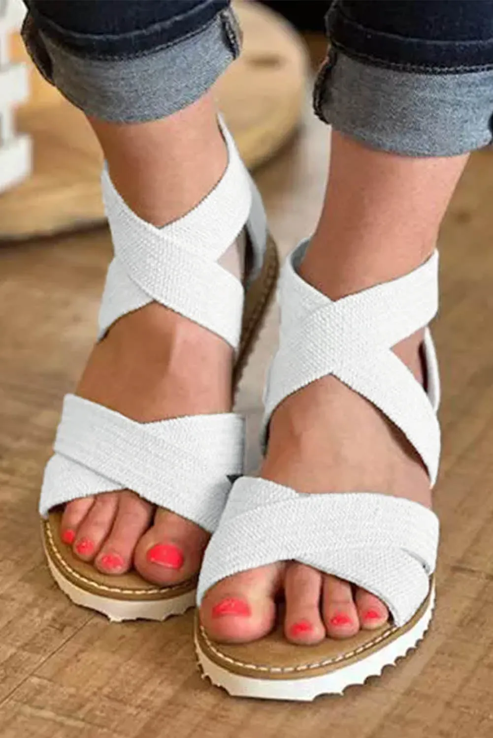 Beige Criss Cross Strappy Zipped Low Wedge Sandals