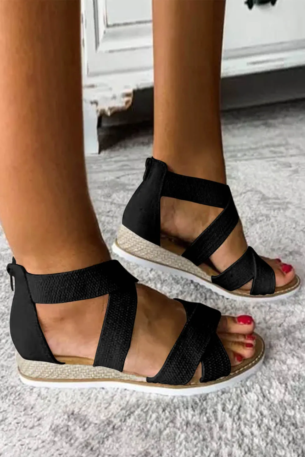Beige Criss Cross Strappy Zipped Low Wedge Sandals
