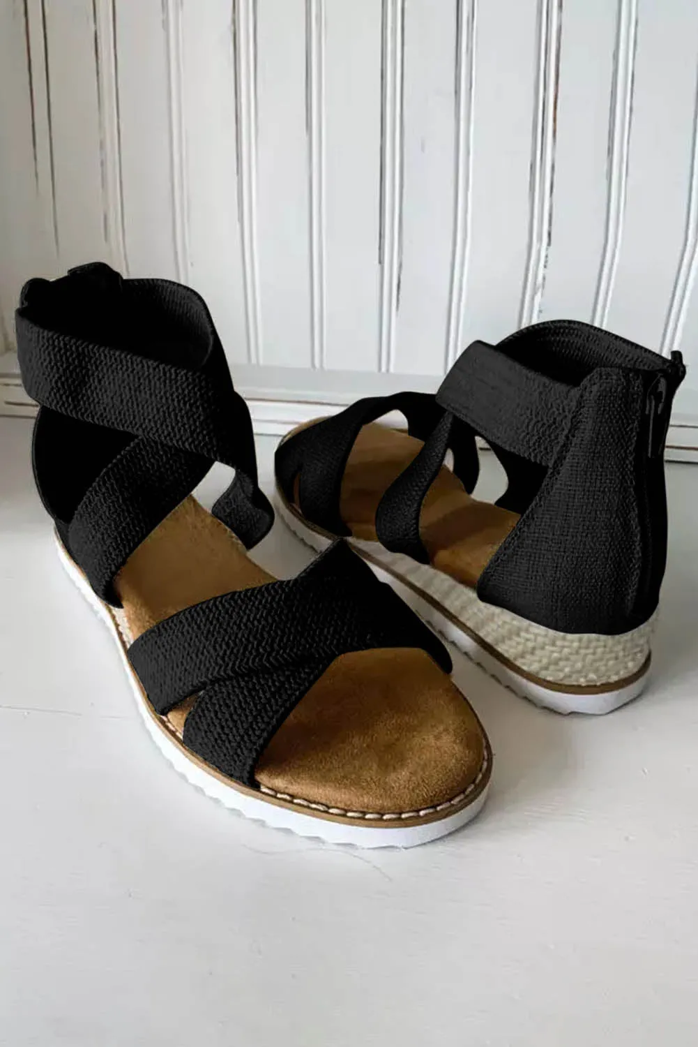 Beige Criss Cross Strappy Zipped Low Wedge Sandals