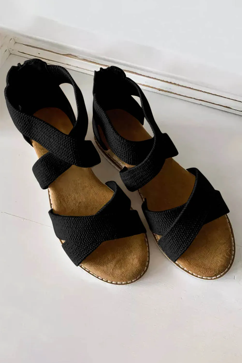 Beige Criss Cross Strappy Zipped Low Wedge Sandals