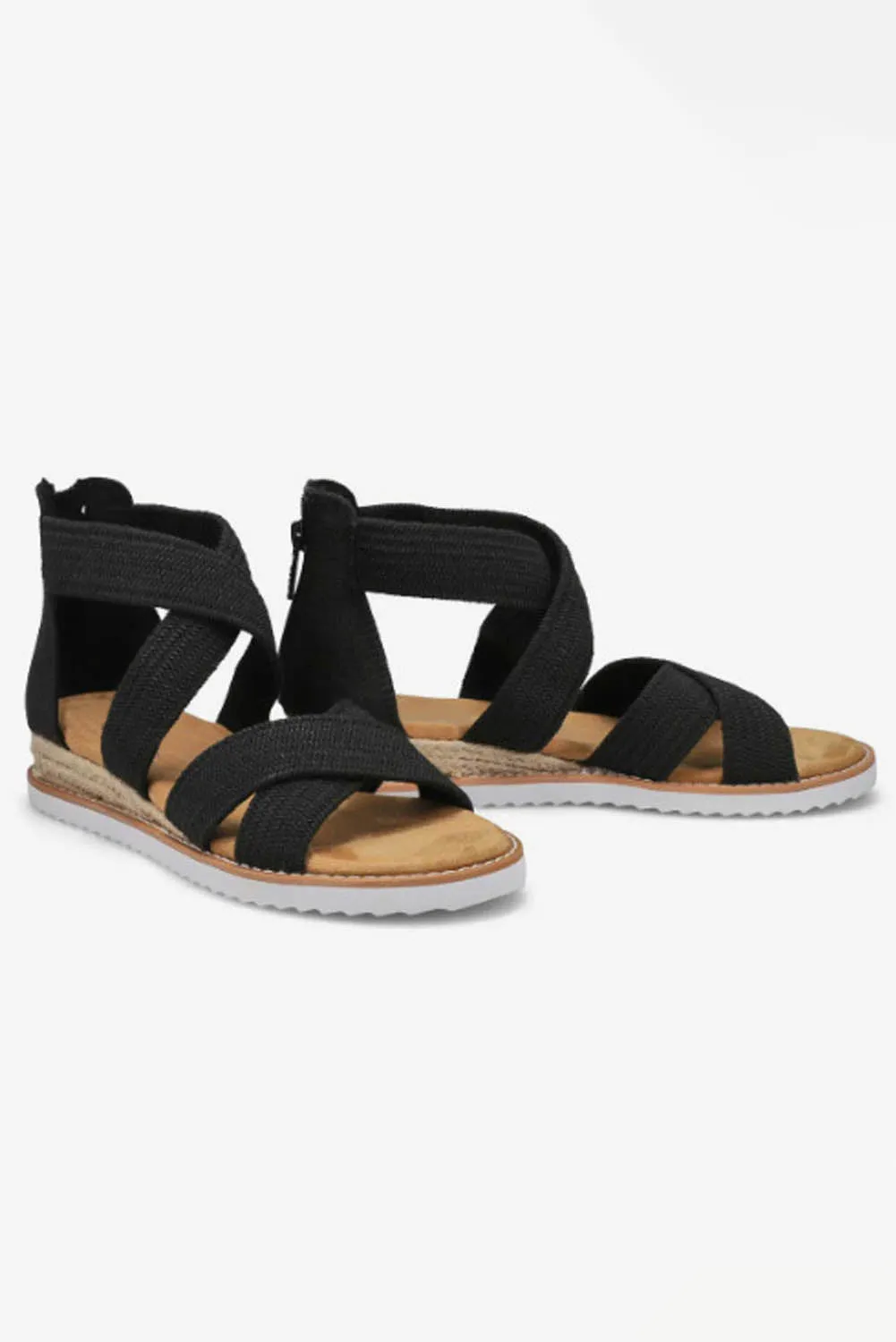Beige Criss Cross Strappy Zipped Low Wedge Sandals