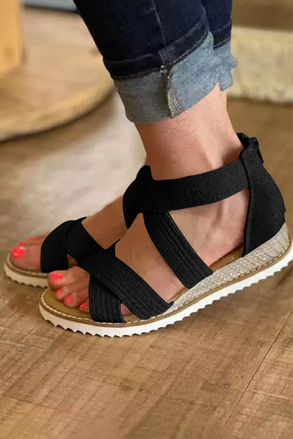 Beige Criss Cross Strappy Zipped Low Wedge Sandals