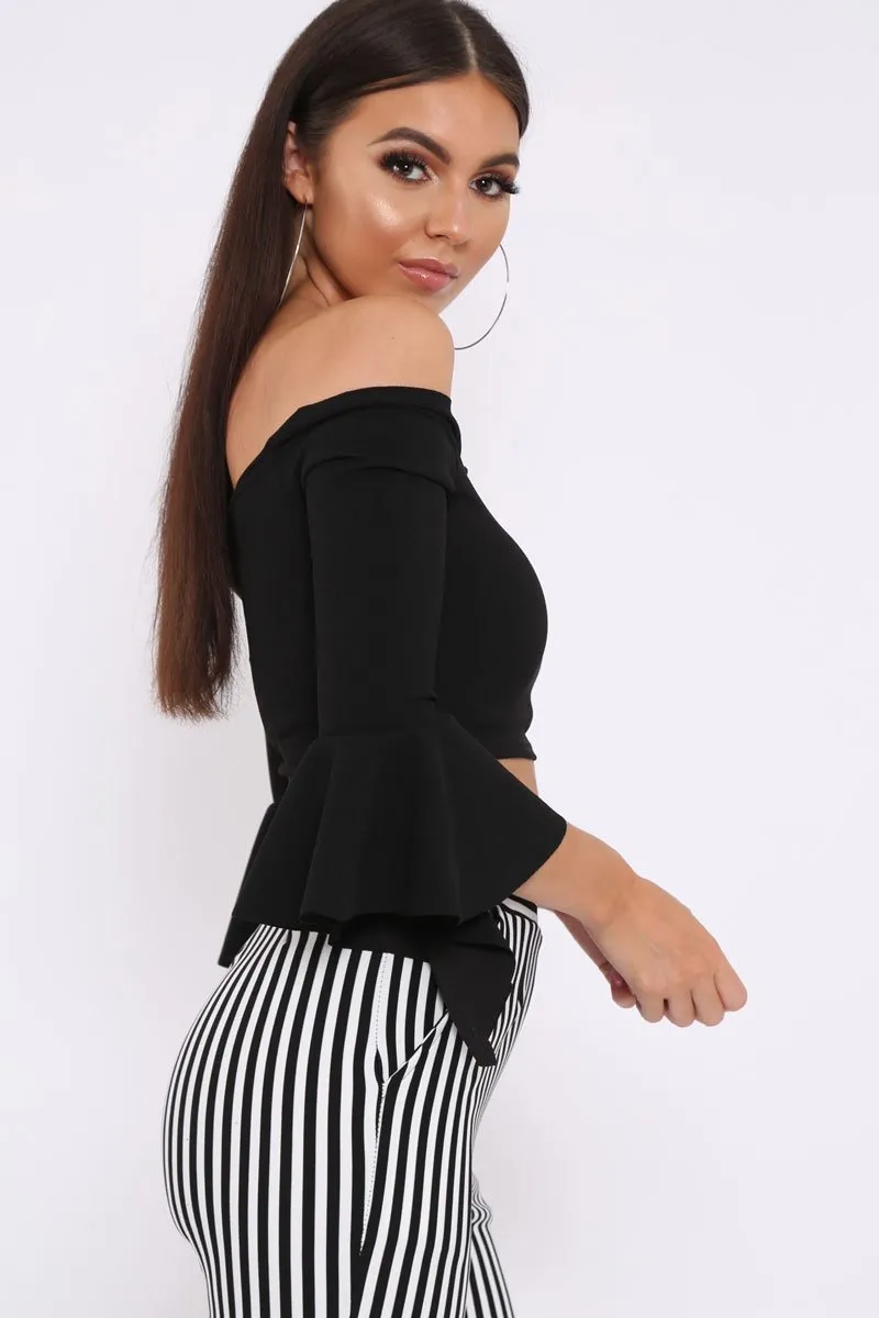 Black Bardot Frill Crop Top with Flared Sleeves - Tiffy