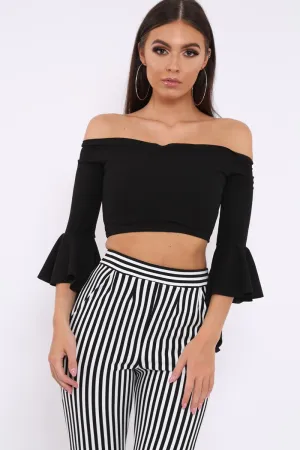 Black Bardot Frill Crop Top with Flared Sleeves - Tiffy