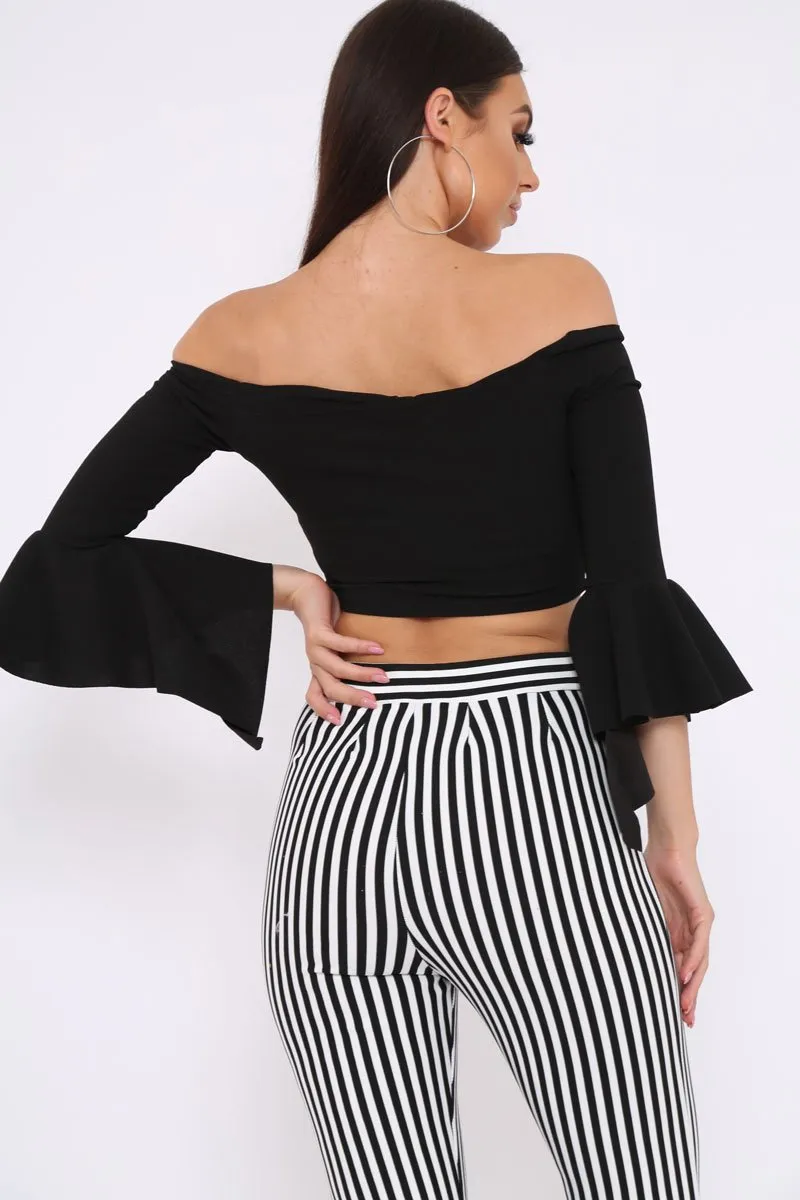 Black Faux Suede Bardot Frill Crop Top with Flared Sleeves - Tiffy