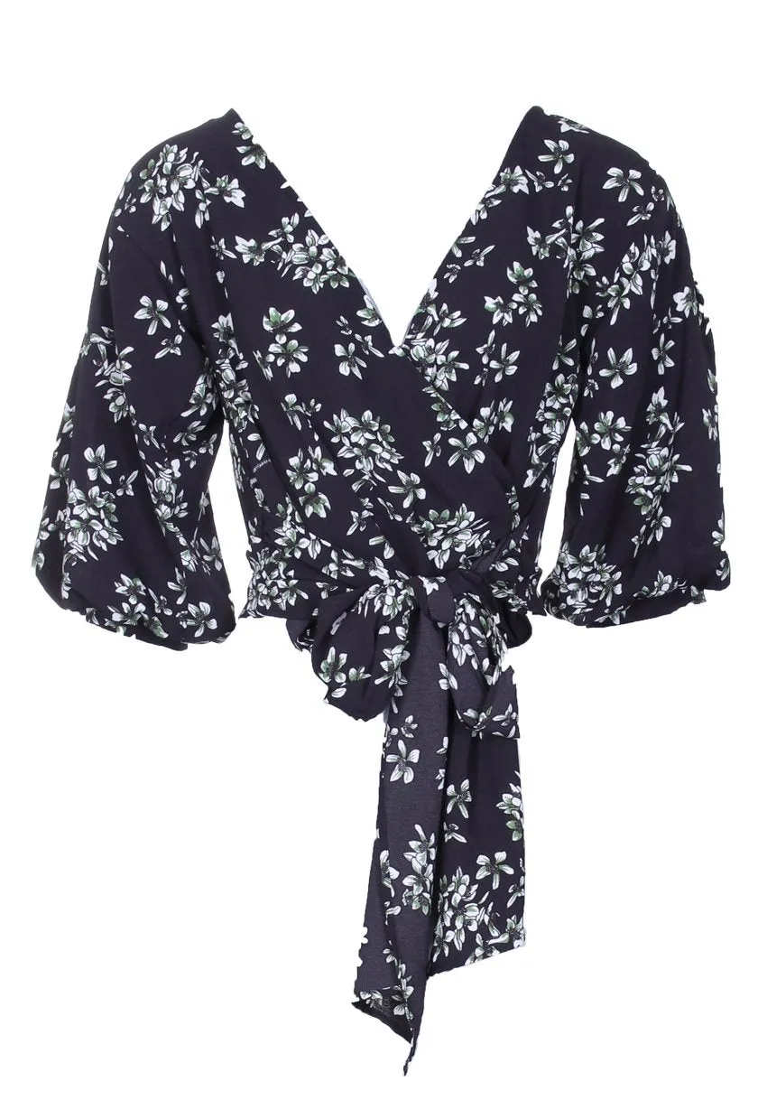 Black Floral Tie Bell Sleeved Top