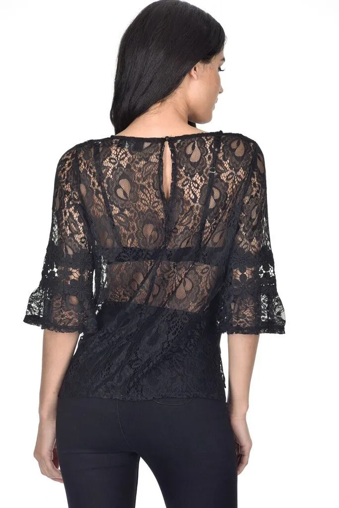 Black Lace Bell Sleeve Top