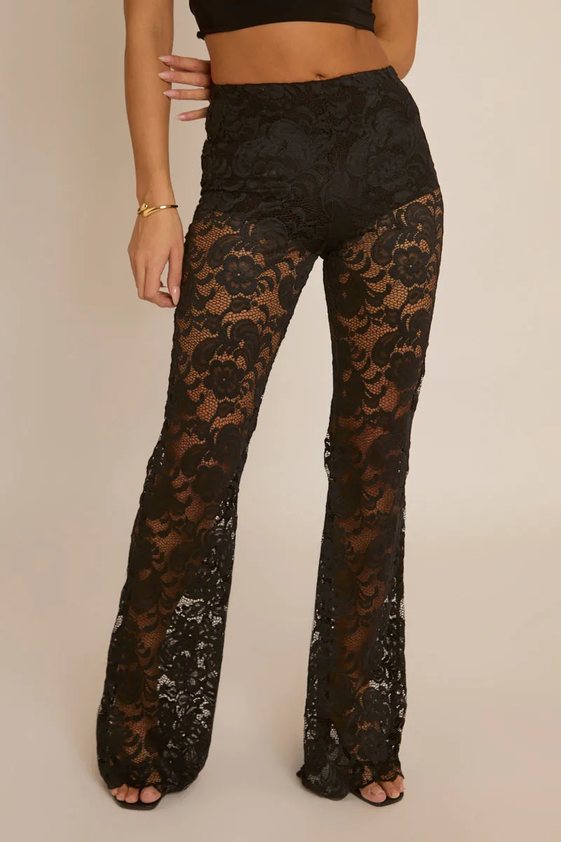Black Lace Kick Flare Trousers - Antonella