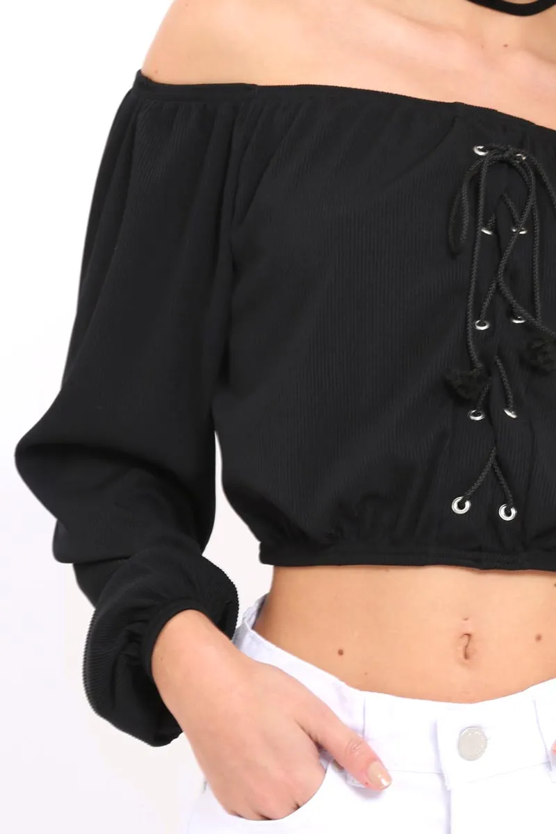 Black Ribbed Lace Up Bardot Crop Top - Sara