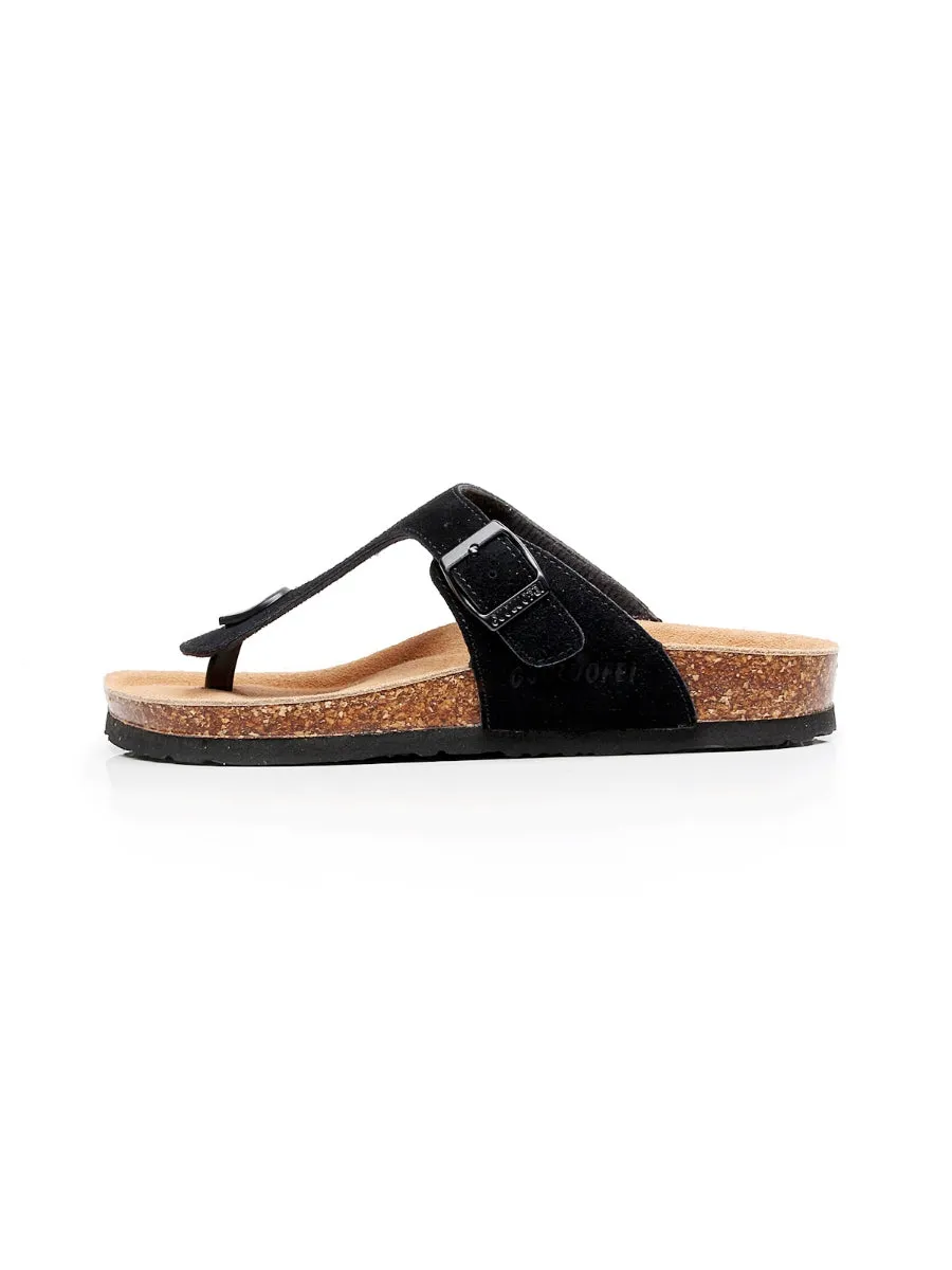 Black Suede T-Strap Leather Sandal