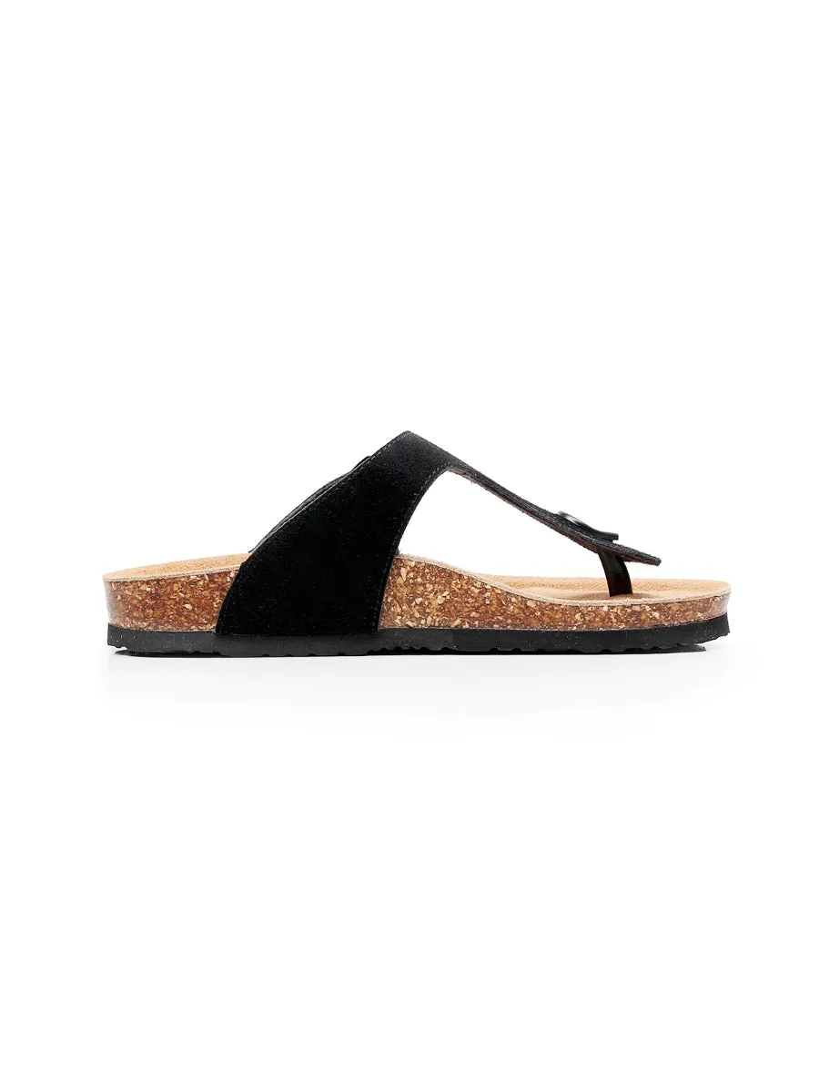 Black Suede T-Strap Leather Sandal