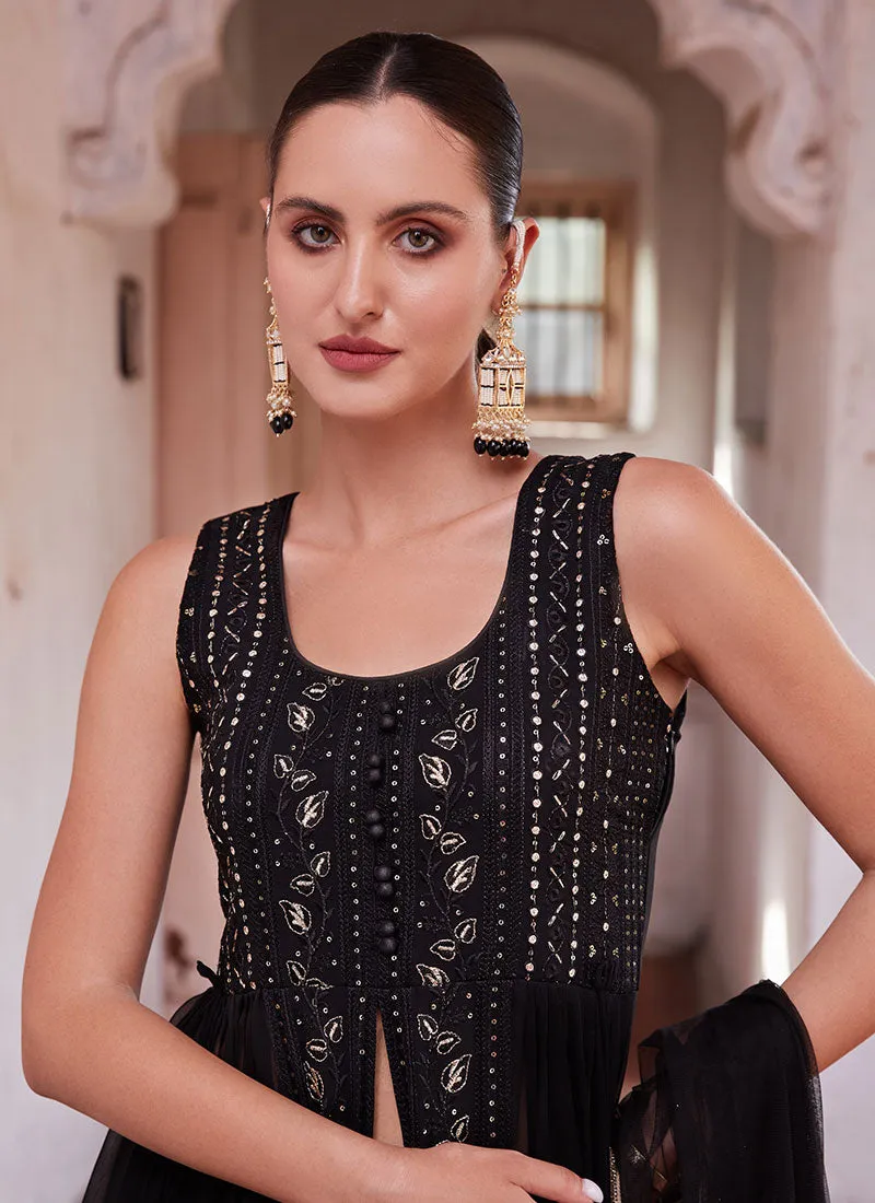 Black Thread And Sequence Embroidery Slit Style Anarkali Pant Suit
