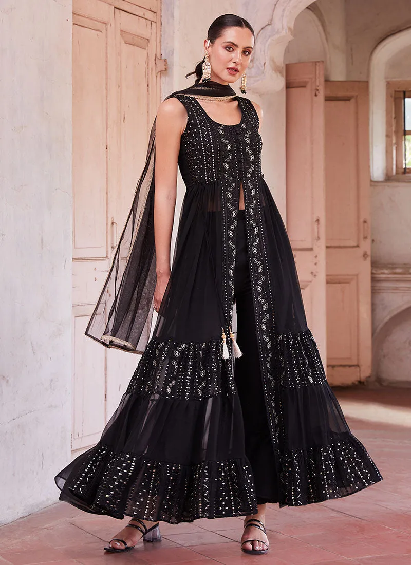 Black Thread And Sequence Embroidery Slit Style Anarkali Pant Suit