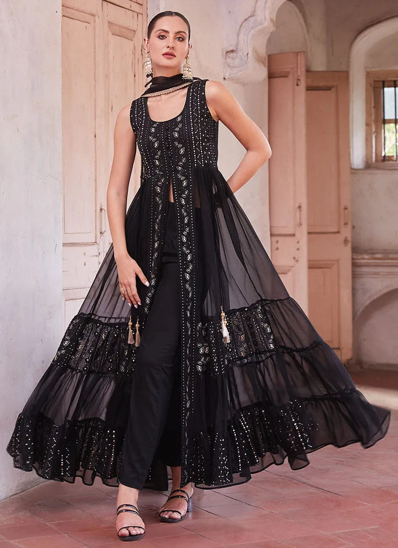 Black Thread And Sequence Embroidery Slit Style Anarkali Pant Suit