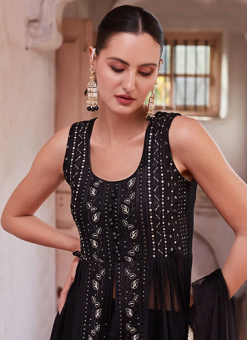 Black Thread And Sequence Embroidery Slit Style Anarkali Pant Suit
