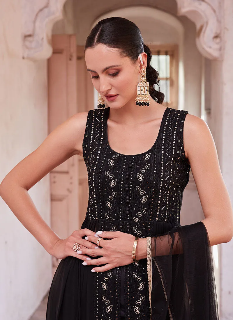 Black Thread And Sequence Embroidery Slit Style Anarkali Pant Suit
