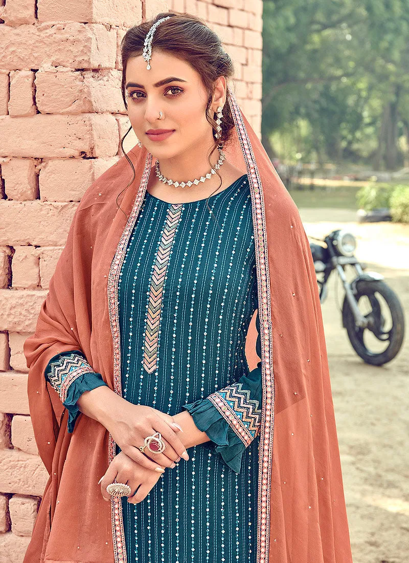 Blue And Orange Embroidered Gharara Suit