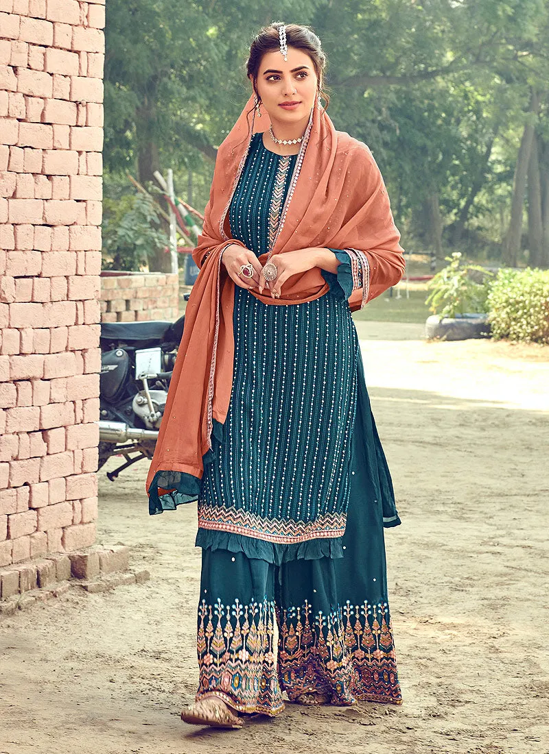 Blue And Orange Embroidered Gharara Suit