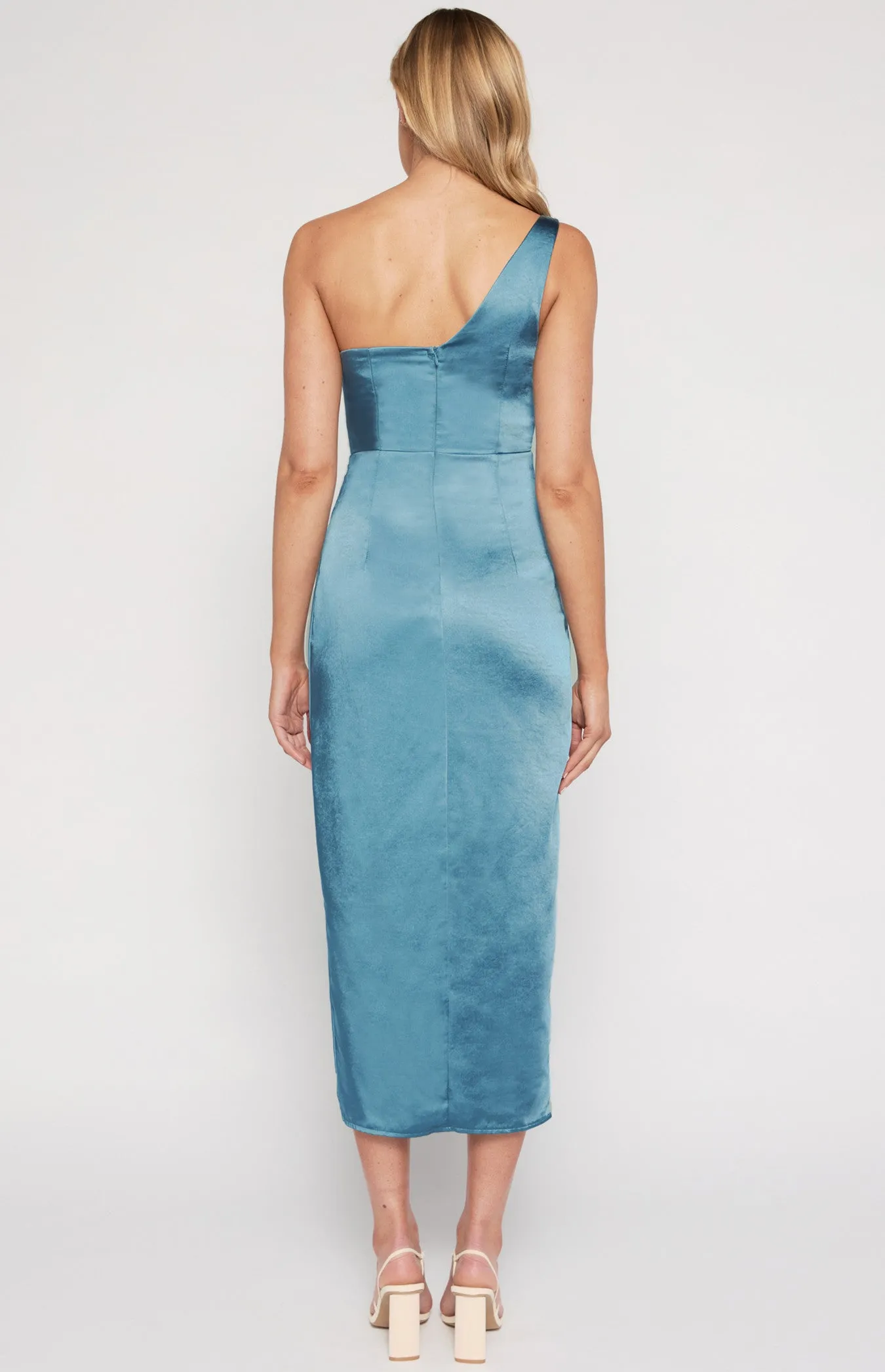 Blue Silk One Shoulder Asymmetric Neckline with Pleated Detail