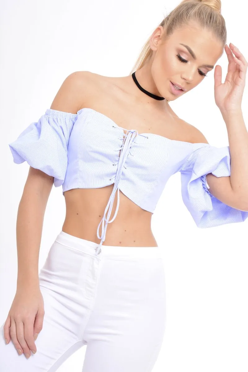 Blue Striped Lace Up Bardot Crop Top - Malin