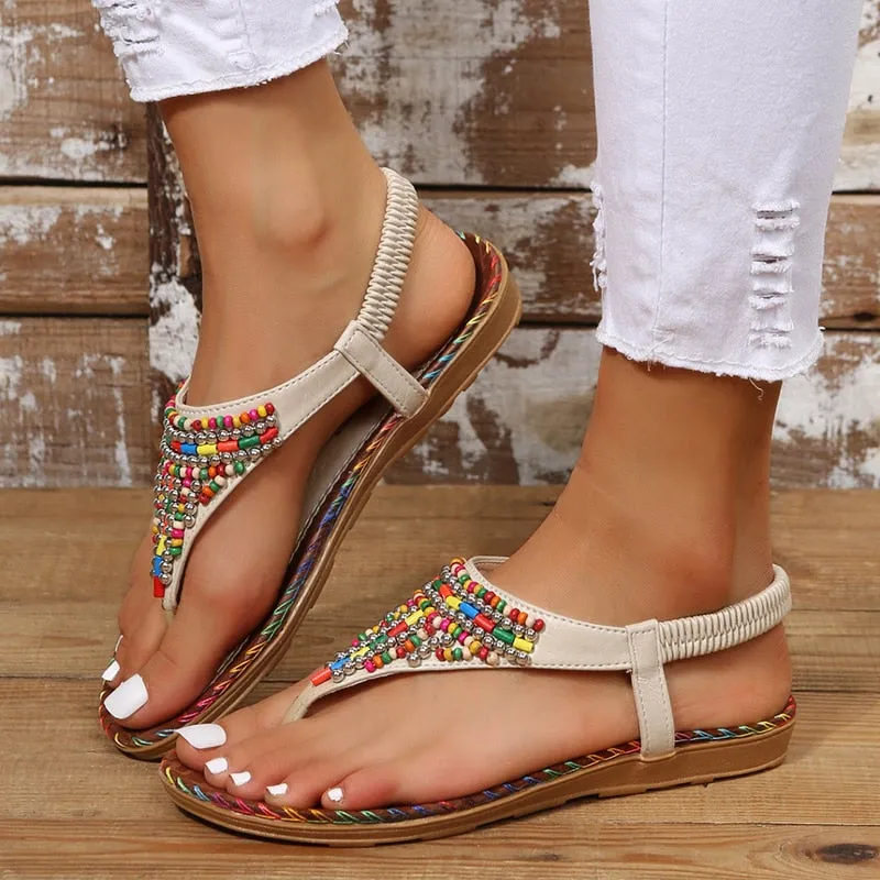 Bohemian Style Flat Sandals for Women Summer 2023 Clip Toe Gladiator Sandals Woman Plus Size Soft Bottom Beach Shoes Flip Flops