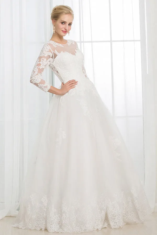 Bohemian Wedding Dresses A-Line Crew 3/4 Sleeves Wedding Gown Open Back Ivory Tulle Appliques Wedding Dress OHD226