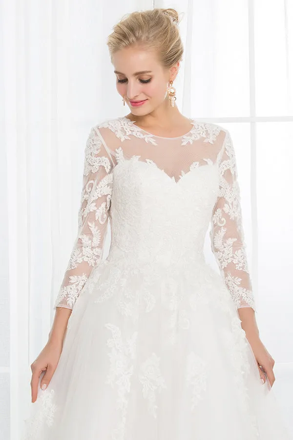 Bohemian Wedding Dresses A-Line Crew 3/4 Sleeves Wedding Gown Open Back Ivory Tulle Appliques Wedding Dress OHD226