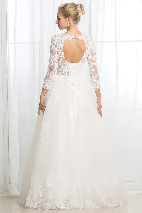 Bohemian Wedding Dresses A-Line Crew 3/4 Sleeves Wedding Gown Open Back Ivory Tulle Appliques Wedding Dress OHD226