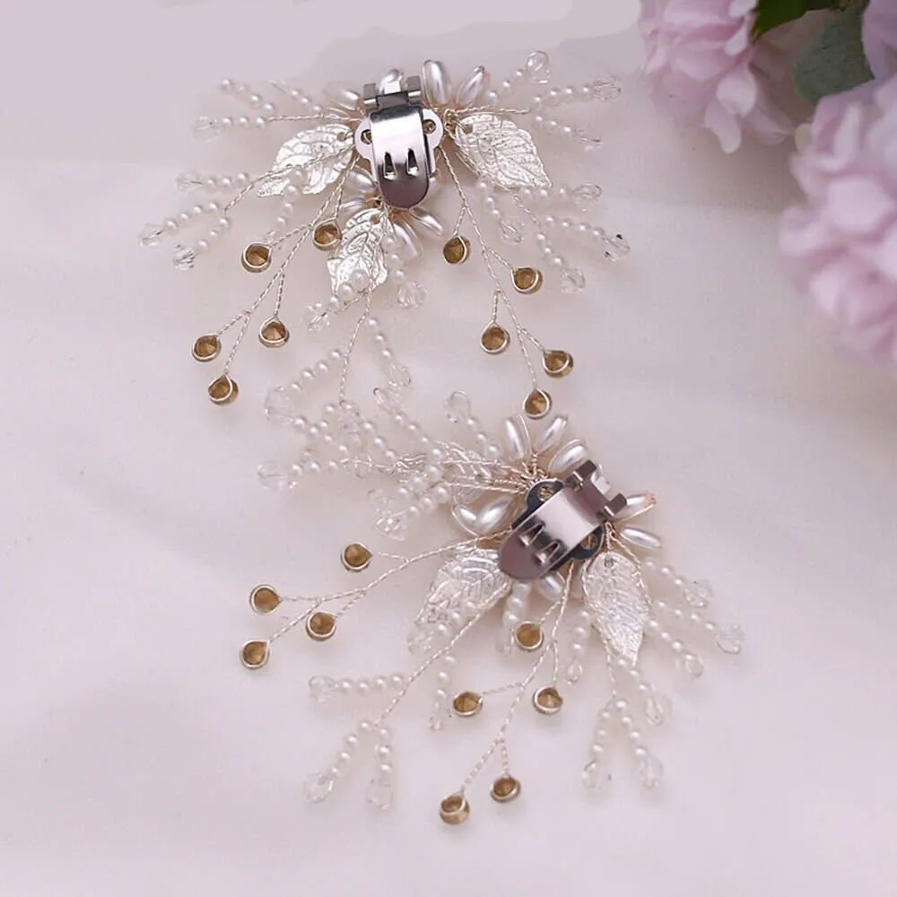 Bridal Pearls and Crystals 2 PC Shoe Clip Set, Wedding Slipper Flower Clip on. Brides Sandal Shoe Clips
