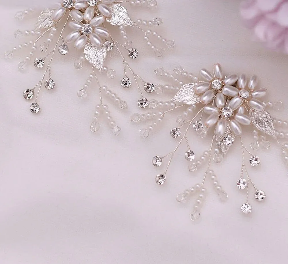 Bridal Pearls and Crystals 2 PC Shoe Clip Set, Wedding Slipper Flower Clip on. Brides Sandal Shoe Clips