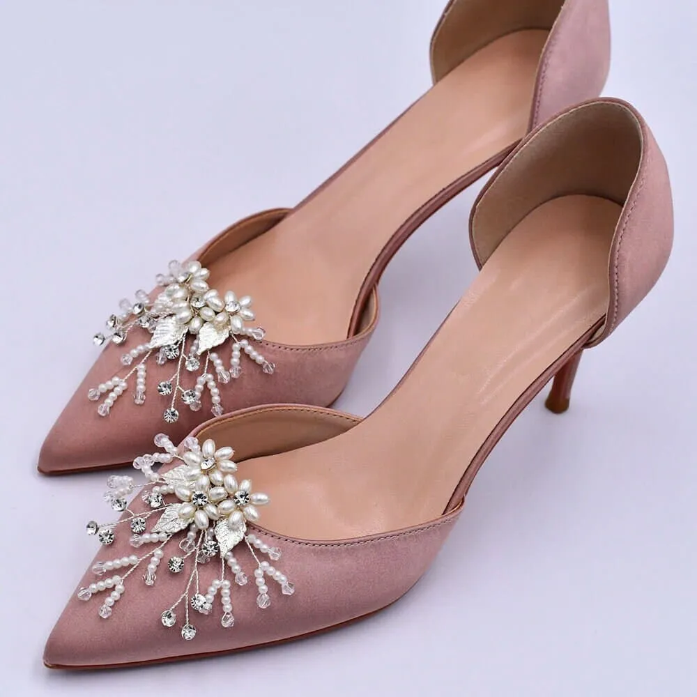 Bridal Pearls and Crystals 2 PC Shoe Clip Set, Wedding Slipper Flower Clip on. Brides Sandal Shoe Clips