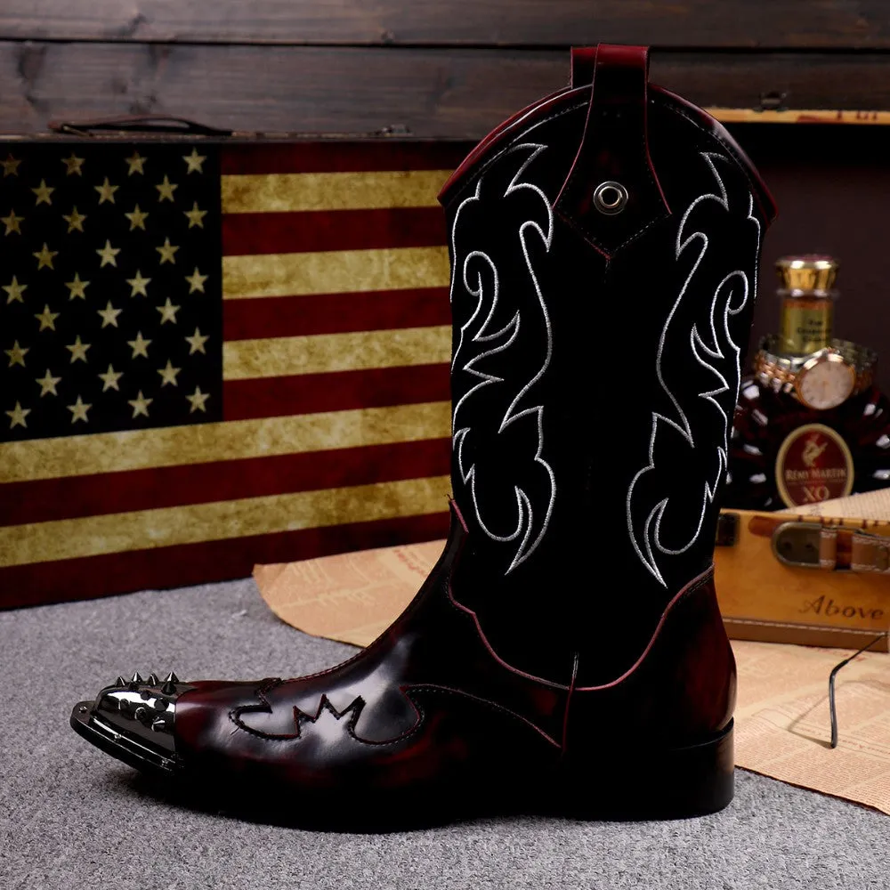 British Style Genuine Leather Men Long Boots Winter Rivets Cowboy Long Boots Big Size Fashion Men Mid Calf Boots