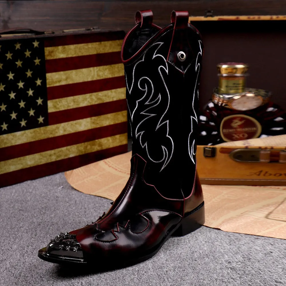 British Style Genuine Leather Men Long Boots Winter Rivets Cowboy Long Boots Big Size Fashion Men Mid Calf Boots