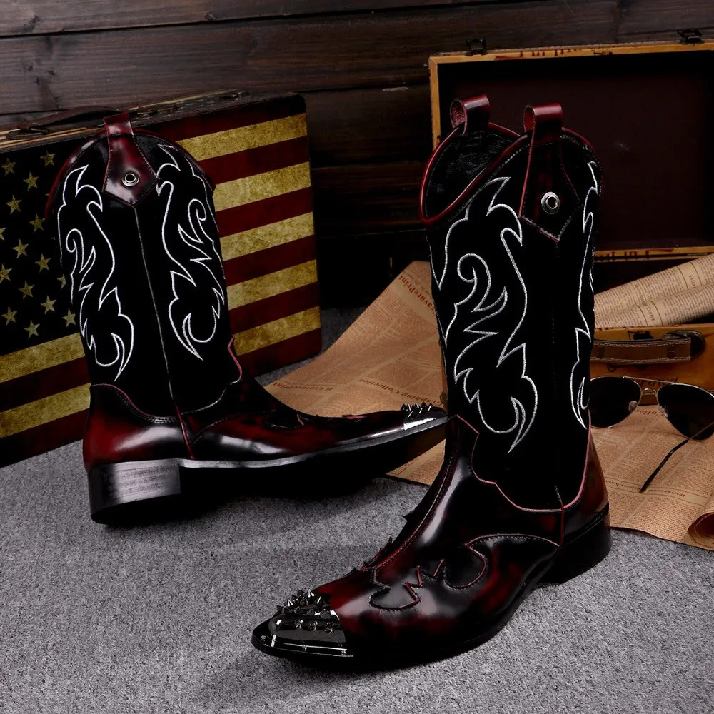 British Style Genuine Leather Men Long Boots Winter Rivets Cowboy Long Boots Big Size Fashion Men Mid Calf Boots