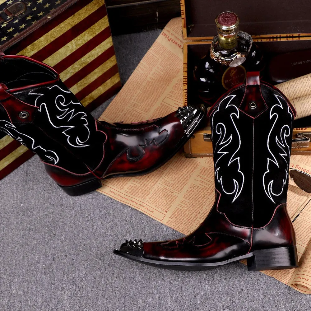 British Style Genuine Leather Men Long Boots Winter Rivets Cowboy Long Boots Big Size Fashion Men Mid Calf Boots