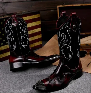 British Style Genuine Leather Men Long Boots Winter Rivets Cowboy Long Boots Big Size Fashion Men Mid Calf Boots
