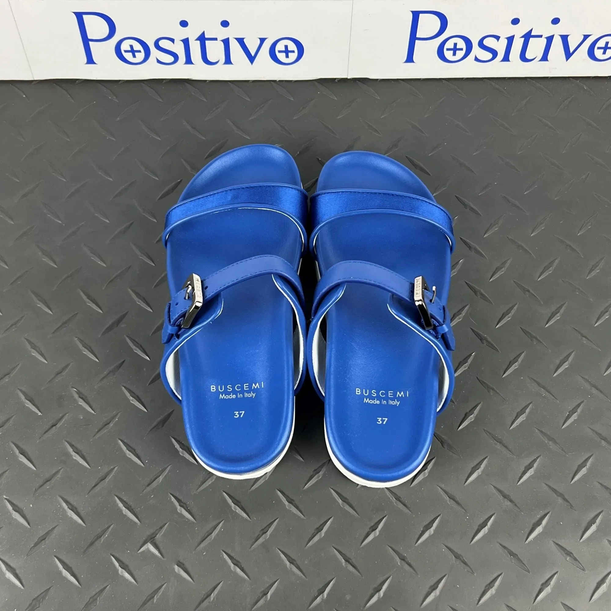 Buscemi Women's Slide Band Satin Royal Leather Sandals SAMPLE