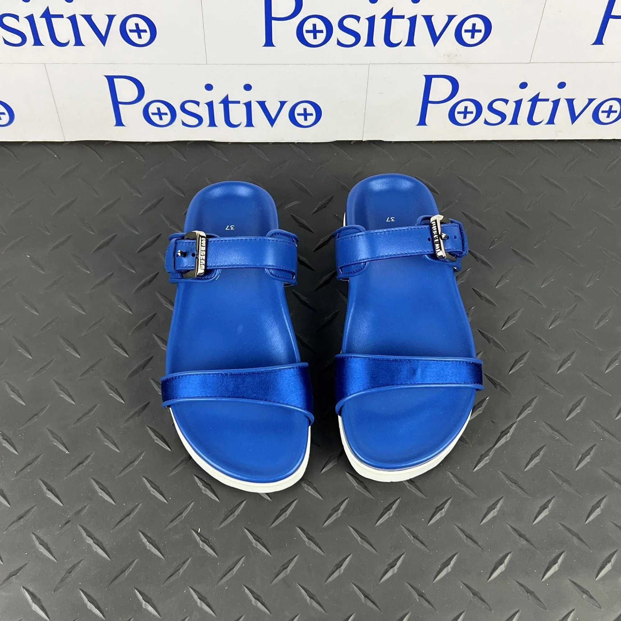 Buscemi Women's Slide Band Satin Royal Leather Sandals SAMPLE