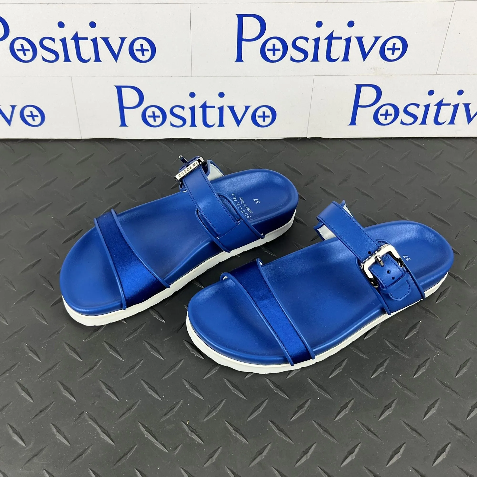 Buscemi Women's Slide Band Satin Royal Leather Sandals SAMPLE