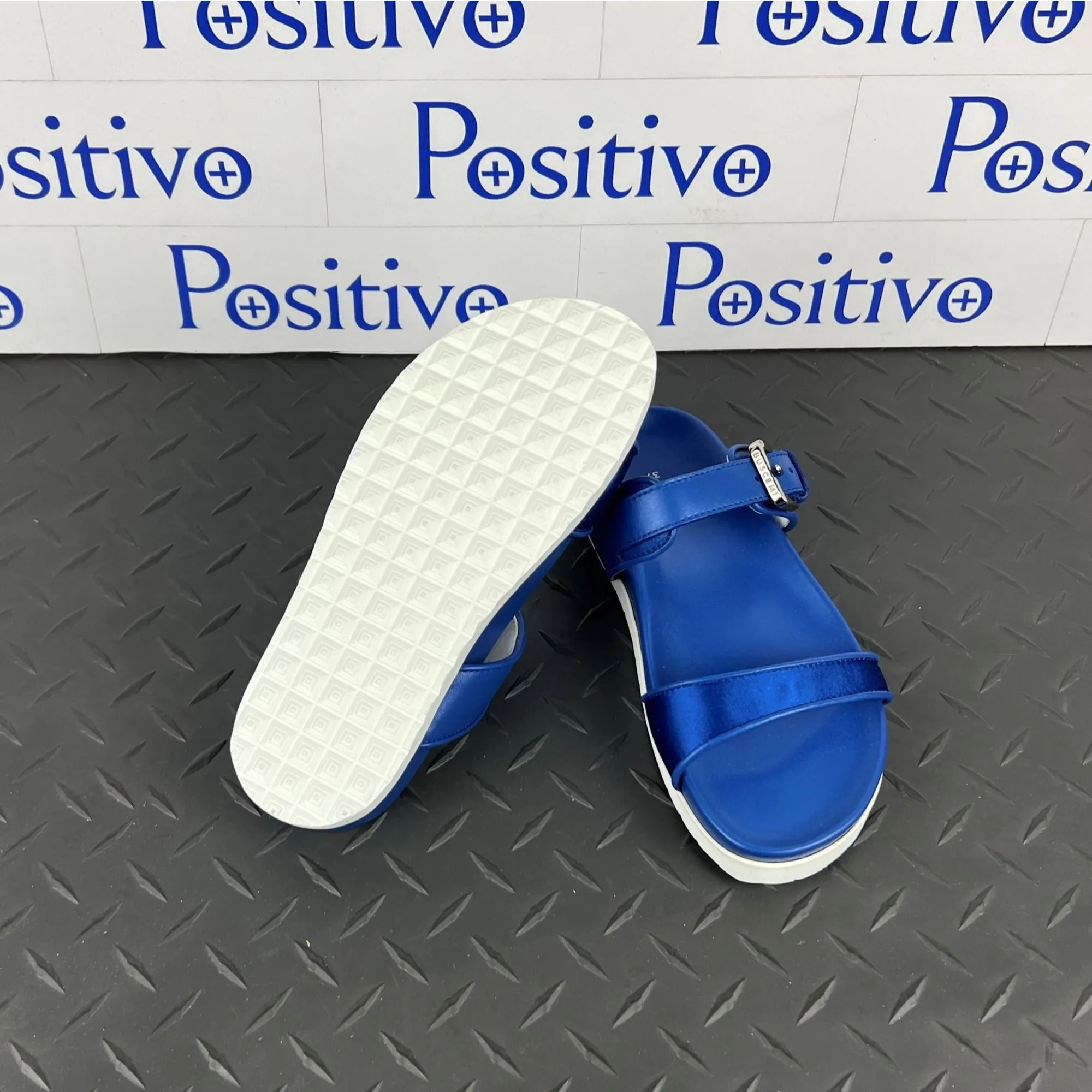 Buscemi Women's Slide Band Satin Royal Leather Sandals SAMPLE