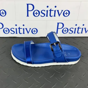 Buscemi Women's Slide Band Satin Royal Leather Sandals SAMPLE