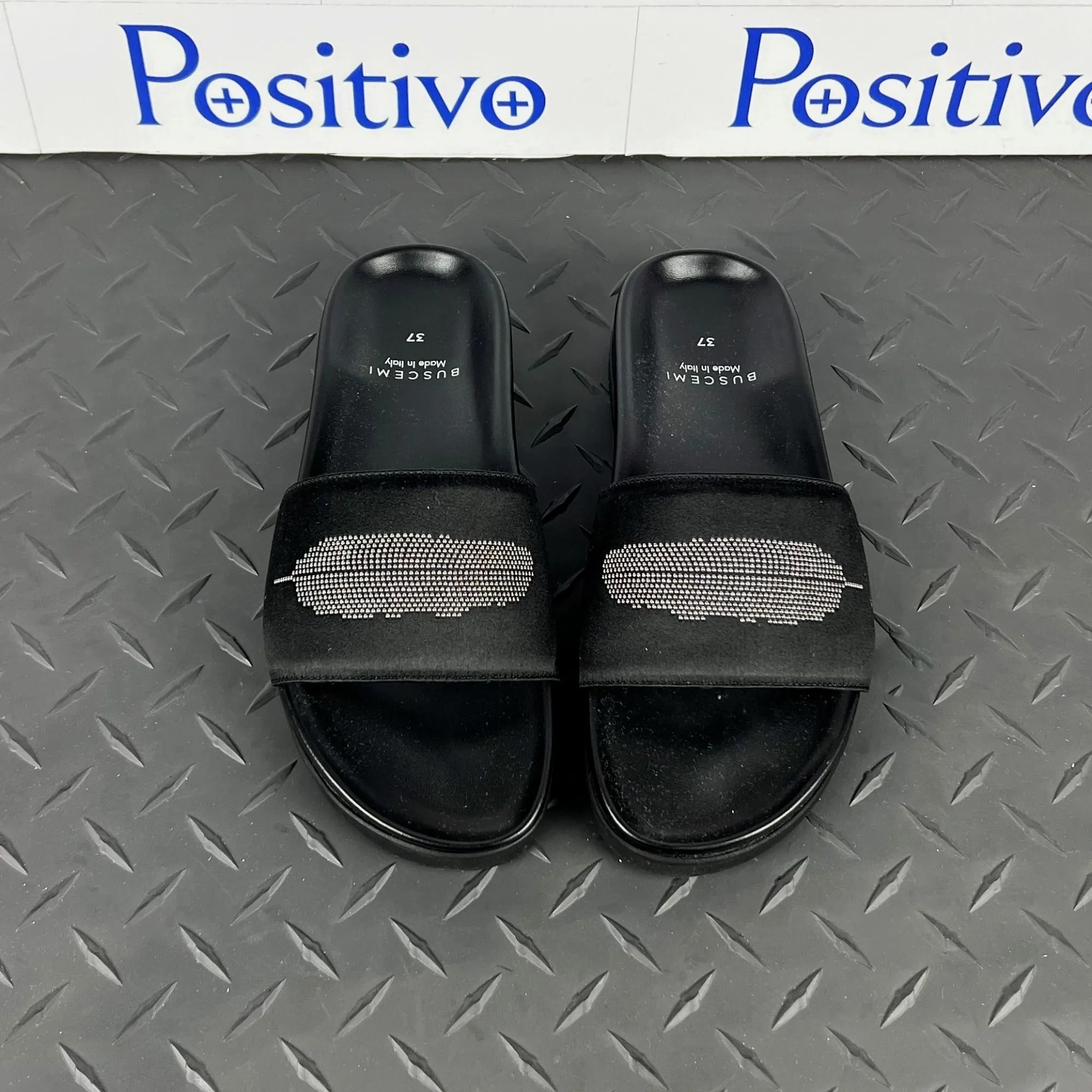 Buscemi Women's Slide Satin Black Leather Sandals