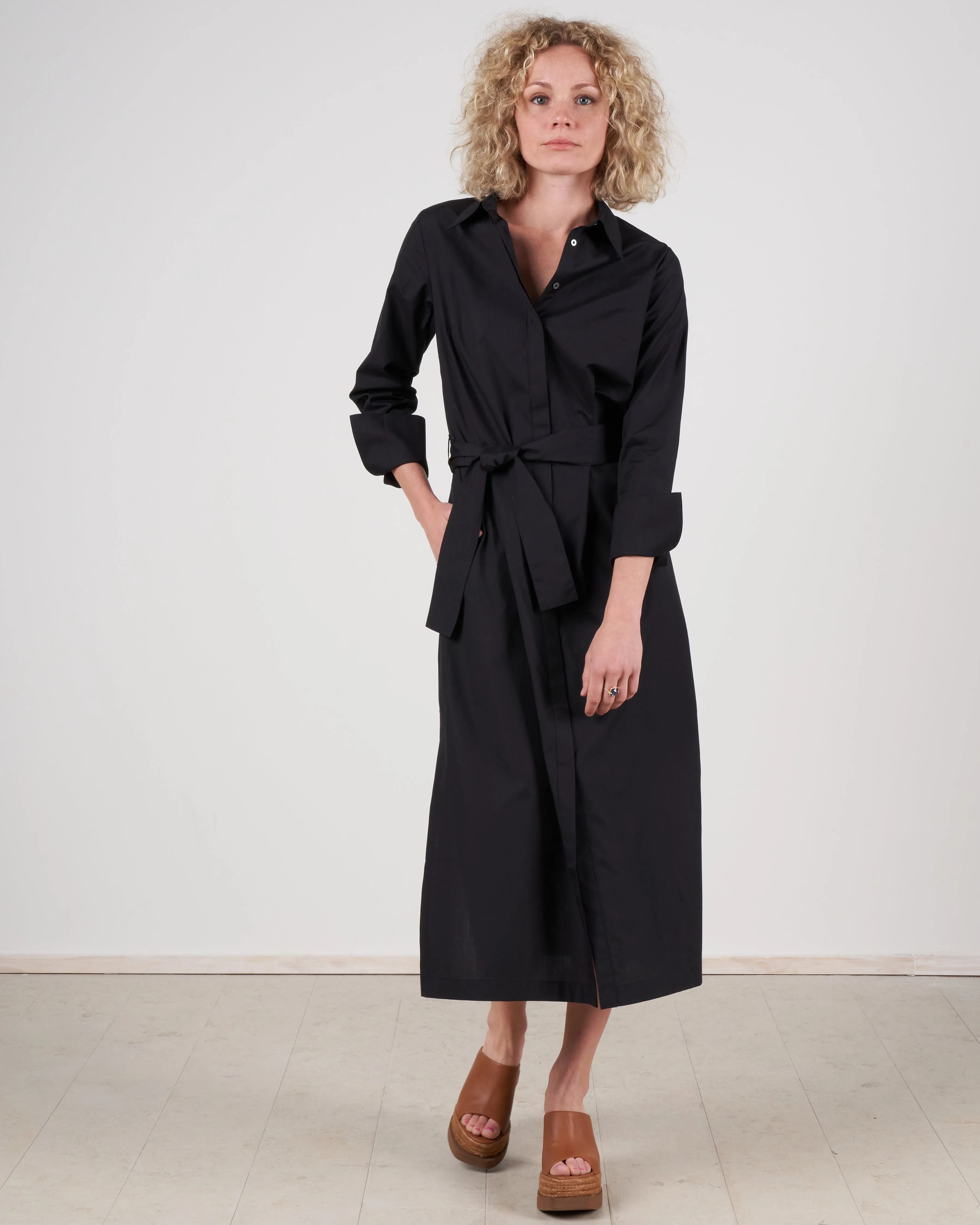 button sleeve shirtdress - black