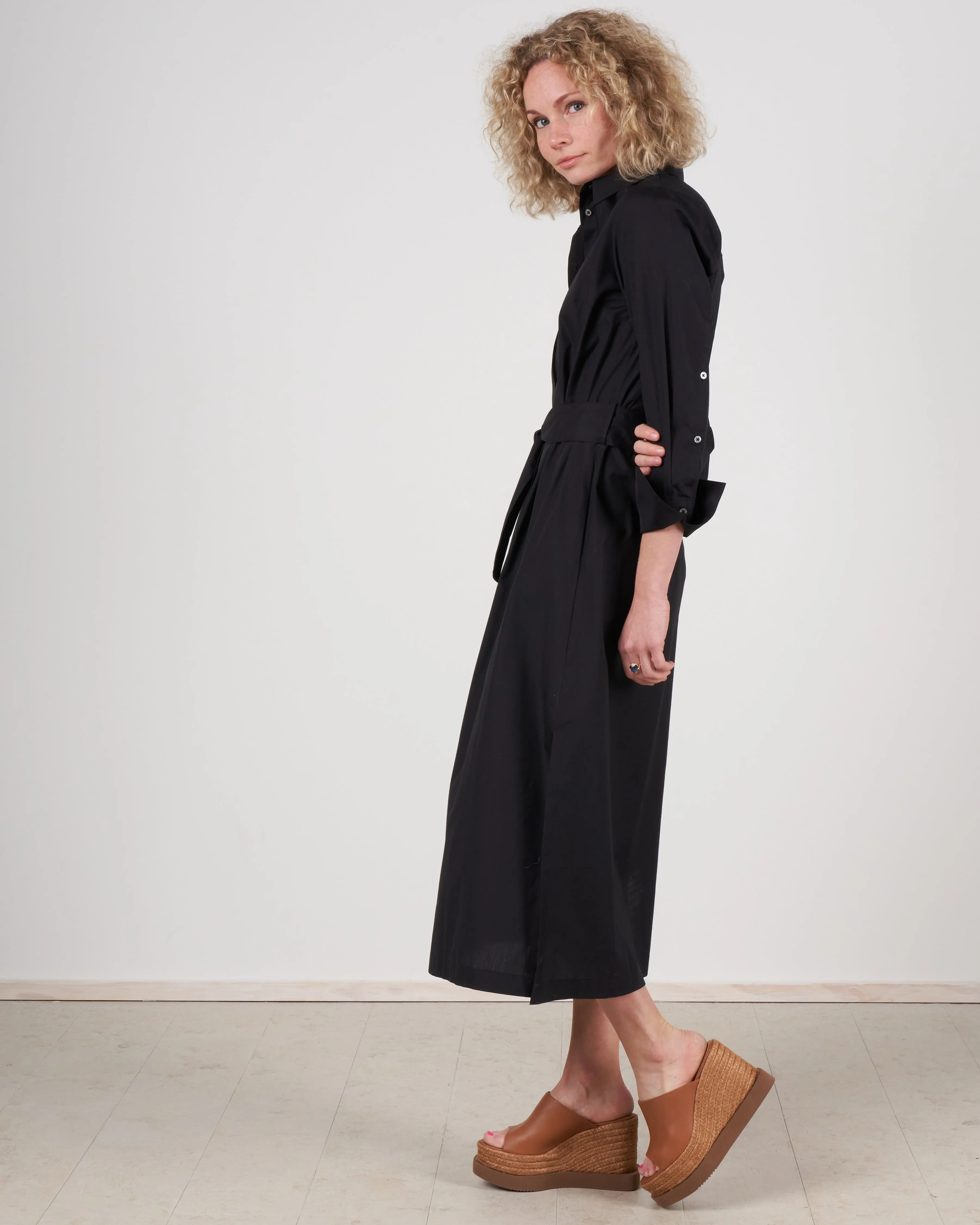 button sleeve shirtdress - black