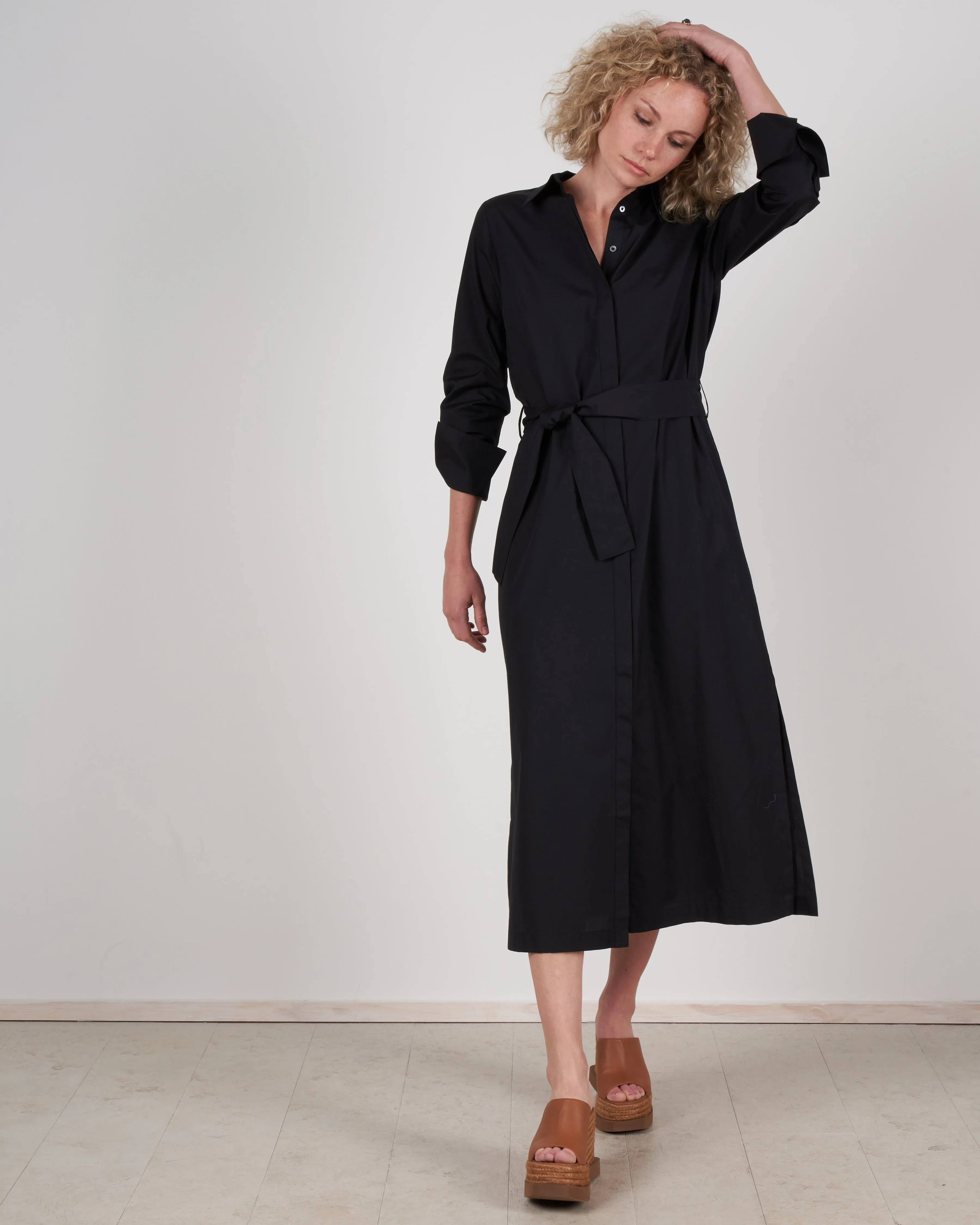 button sleeve shirtdress - black