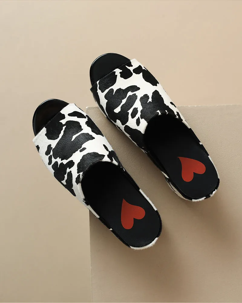 Calf Hair Leather Open Toe Chunky Clog Slide Platform Sandals