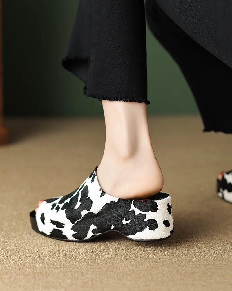 Calf Hair Leather Open Toe Chunky Clog Slide Platform Sandals