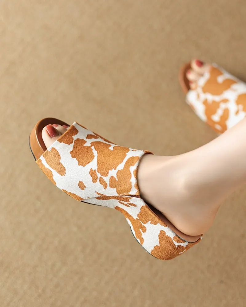 Calf Hair Leather Open Toe Chunky Clog Slide Platform Sandals